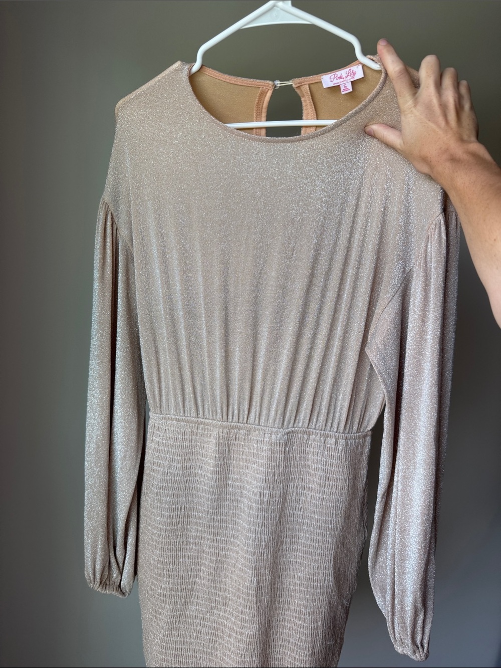 Pink Lily Shimmery Champagne Long Sleeve Midi Dress